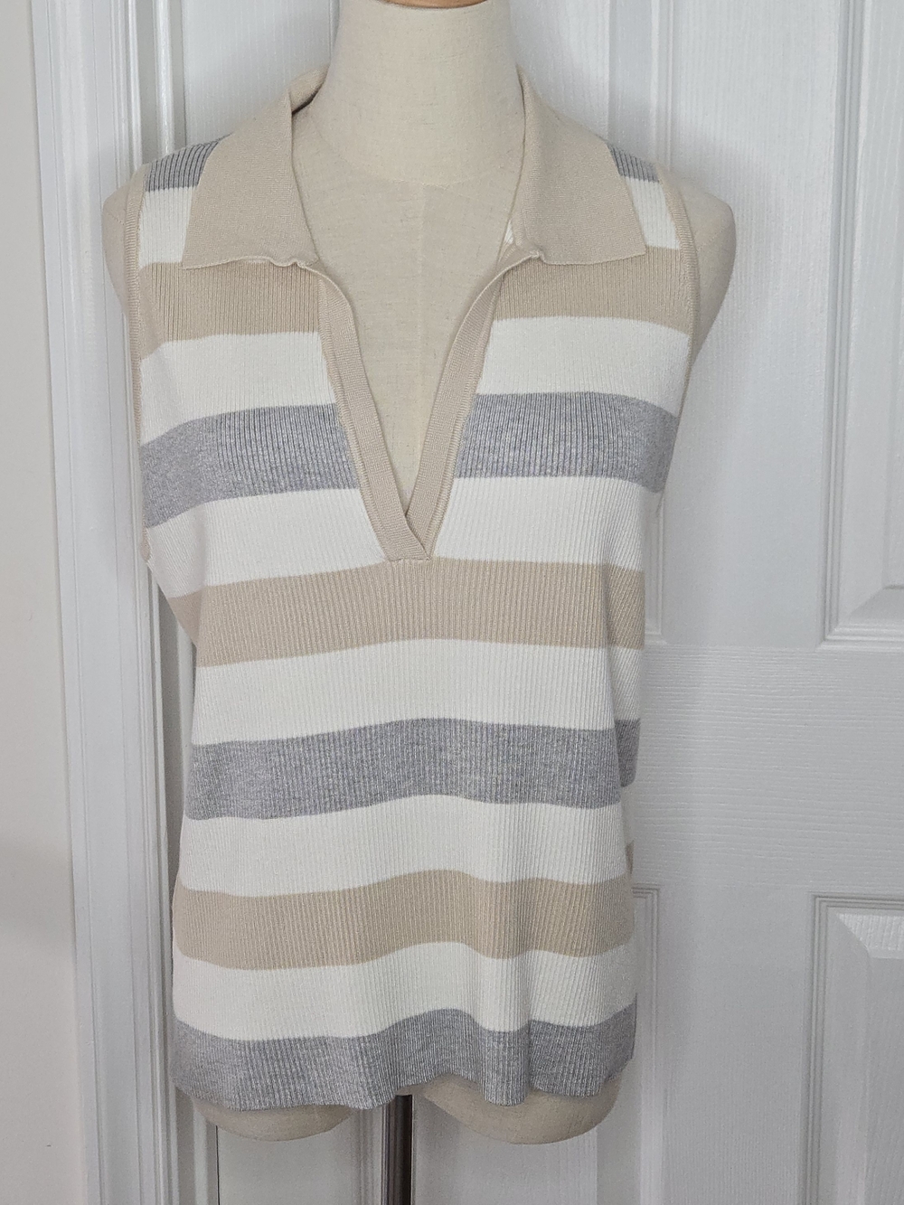 Halston Tan Gray White Striped Sleeveless Ribbed Knit Top Collared Tank Vest XL